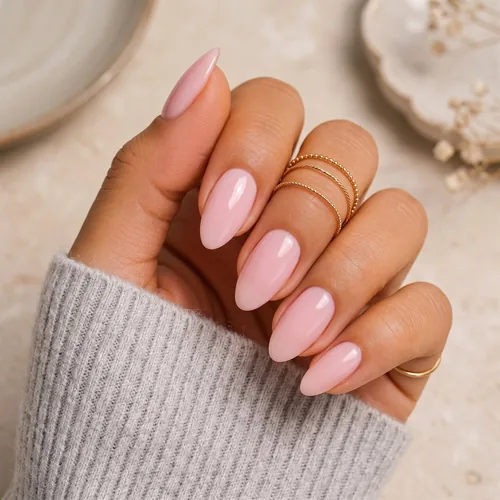 Inspiration pose simple rose poudré sur ongles amande